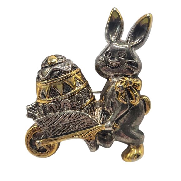 Vtg Bunny & Egg Wheelbarrow Brooch Pin Gold-Tone Silver-Tone Metal Easter Gift - Picture 1 of 11